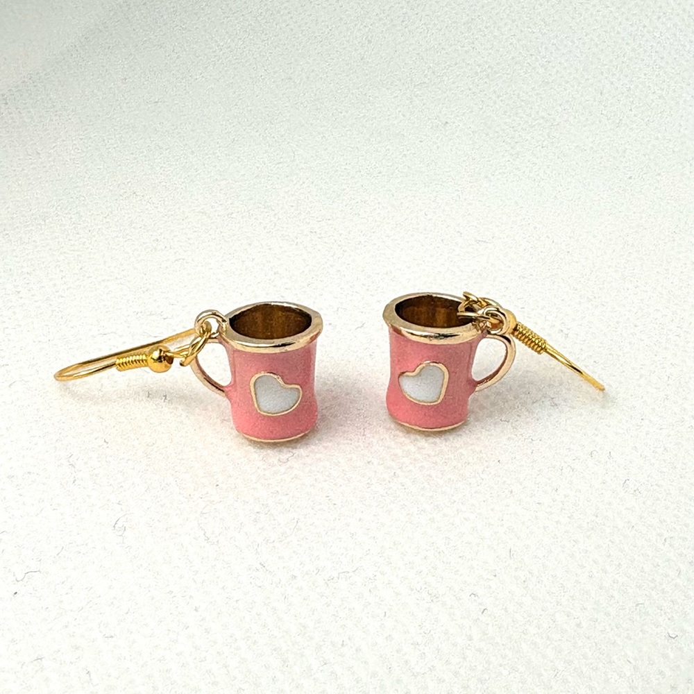 Heart Mug Earrings 3D Pink and Gold Handcrafted Hypoallergenic